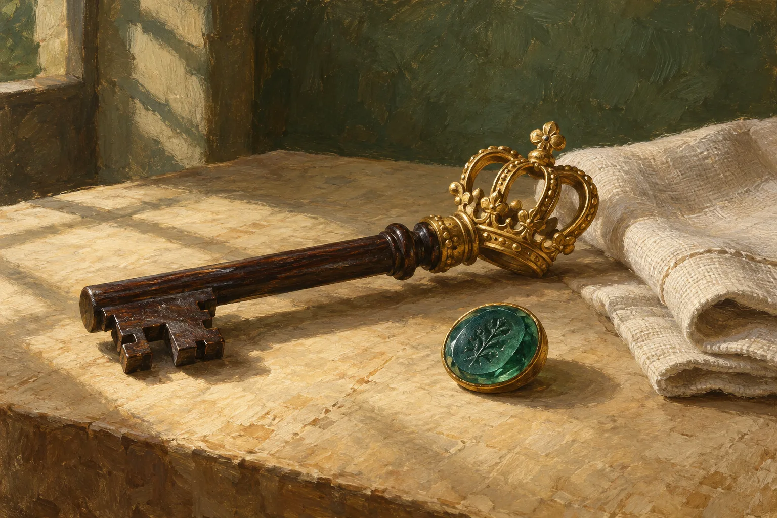 A painted long key with a golden crown-shaped bow beside a green engraved seal and folded linen.