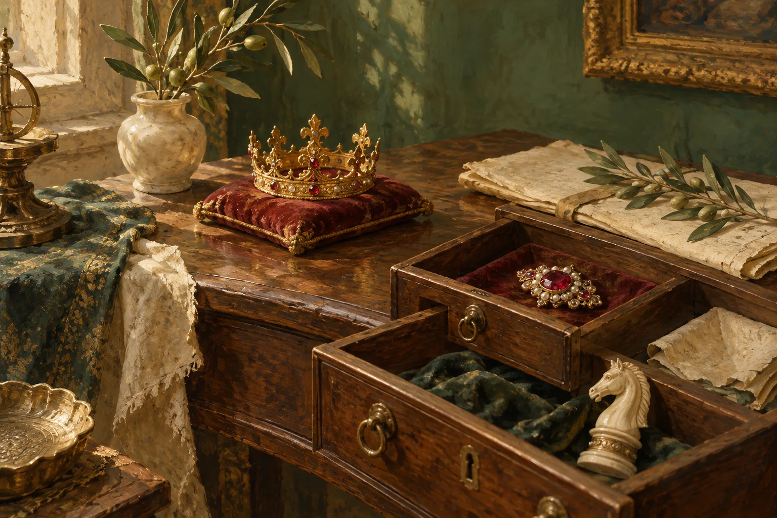 A painterly wooden cabinet with open drawers, a gold crown on red velvet, a ruby brooch, papers and an ivory-coloured chess piece.