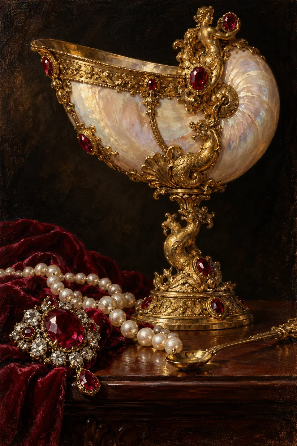 A painted nautilus-shell cup in a ruby-set gold mount above a ruby brooch, pearls and red velvet.