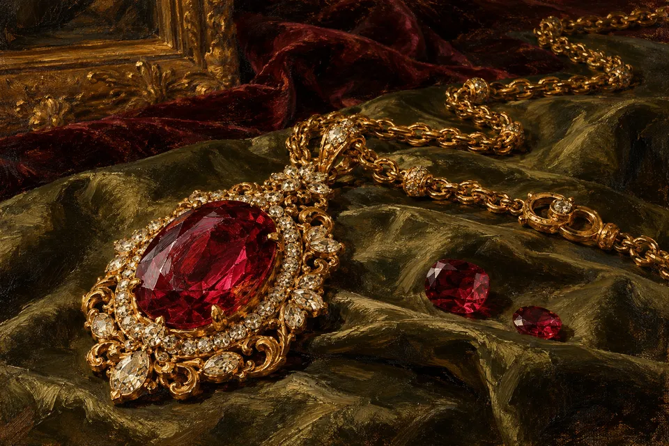 A large ruby pendant in gold and diamonds lies on dark green cloth with its chain, loose rubies and red velvet.