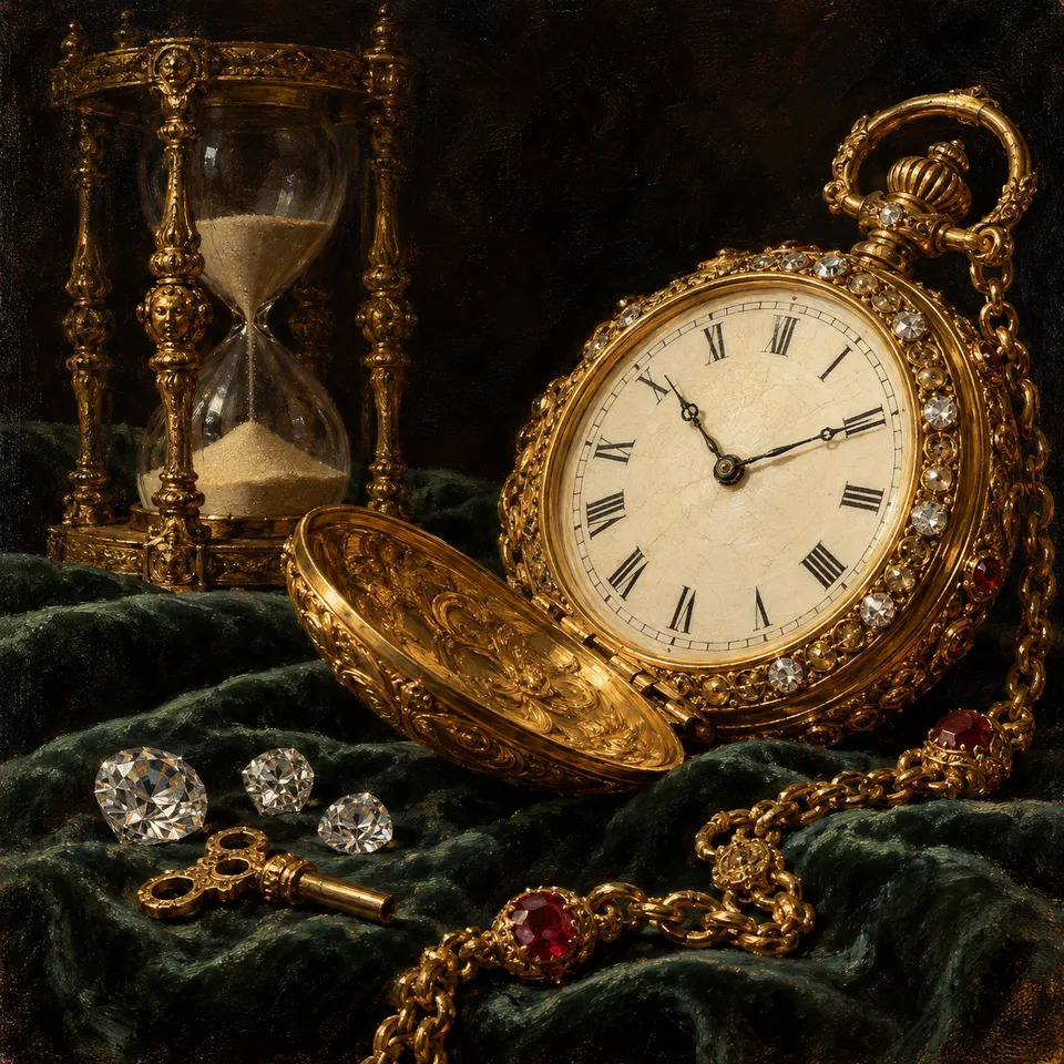 An oil-style painting of a gold pocket watch, an hourglass, a ruby-set chain, diamonds and a small key.
