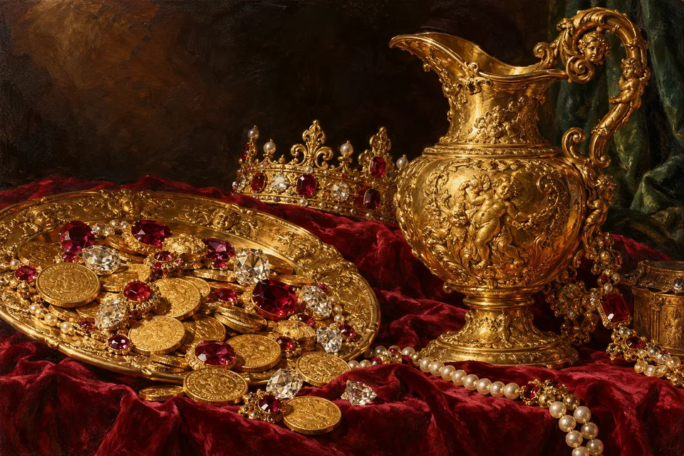 An oil-style still life of an ornate gold ewer, a salver of coins and jewels, and a small crown on red velvet.